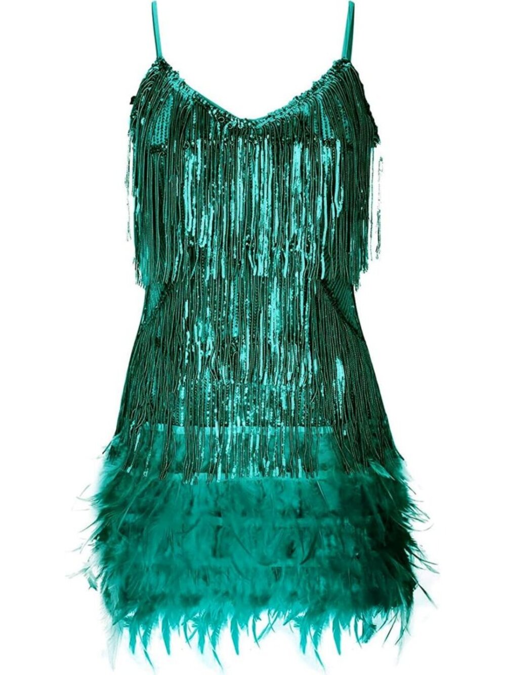 Sparkly 1920s Flapper Sequin Mini Dress with Fringe & Feathers for Parties